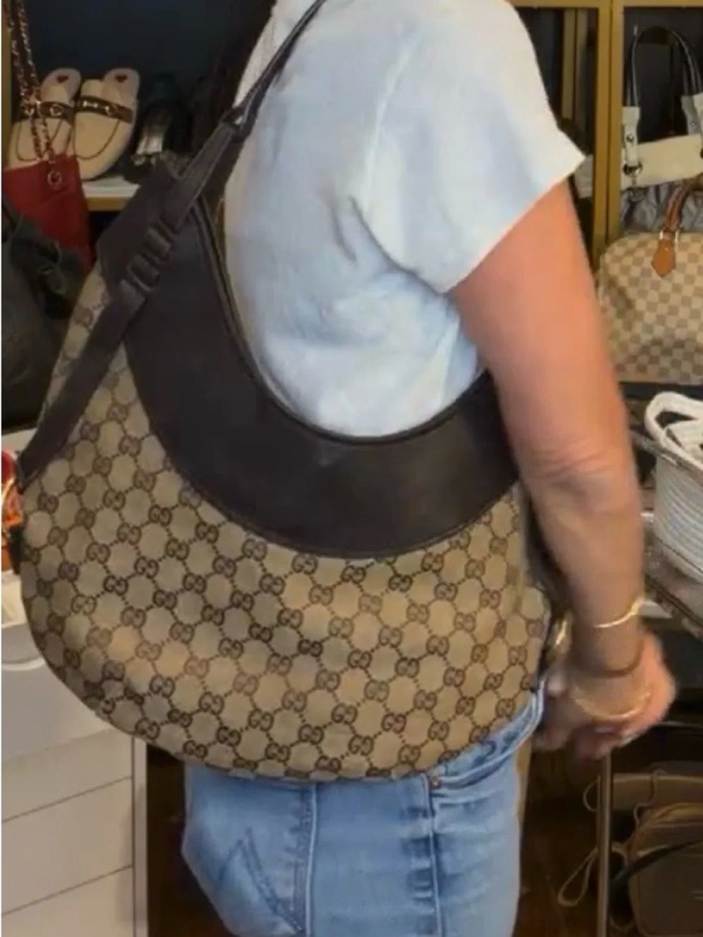 Rare & Authentic Vintage Gucci Beige Brown GG Canvas Crescent Hobo Bag